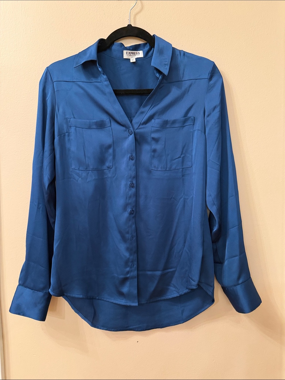 Express Royal Blue Satin Button-Down Blouse